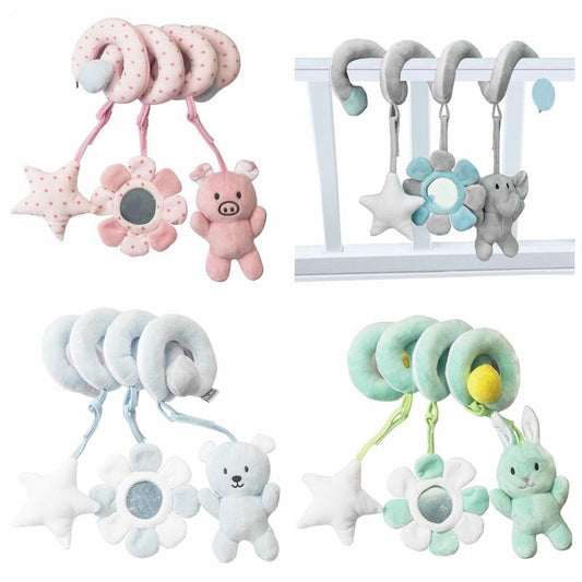 Eprolo baby crib spiral rattle toy with colorful cartoon animal designs hanging from a crib rail.