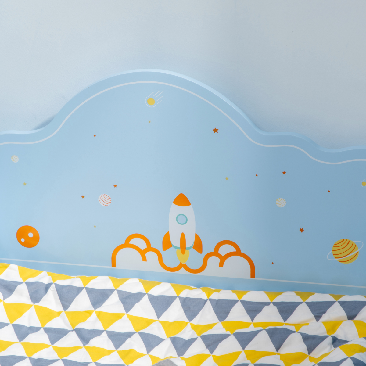 Zonekiz toddler bed with space-themed patterns, suitable for boys and girls aged 3-6 years, featuring colorful galaxy and star designs.