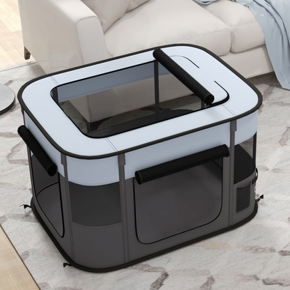 Grey portable dog pen by PawHut, suitable for puppies, rabbits, kittens, and guinea pigs, shown assembled with mesh sides.