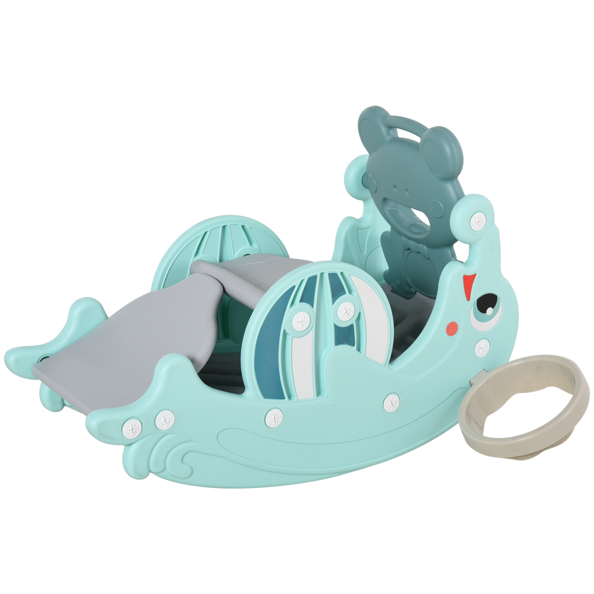 Colorful 3-in-1 baby rocking horse with slide and basketball hoop for ages 3-5, featuring a sturdy plastic frame and playful design.