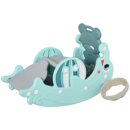 Colorful 3-in-1 baby rocking horse with slide and basketball hoop for ages 3-5, featuring a sturdy plastic frame and playful design.