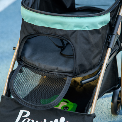 Green PawHut pet stroller for small dogs with rain cover, featuring a compact design and mesh windows for ventilation.