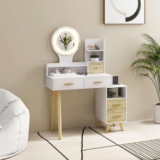 HOMCOM white dressing table with mirror and built-in LED lights, modern vanity table for makeup and grooming.
