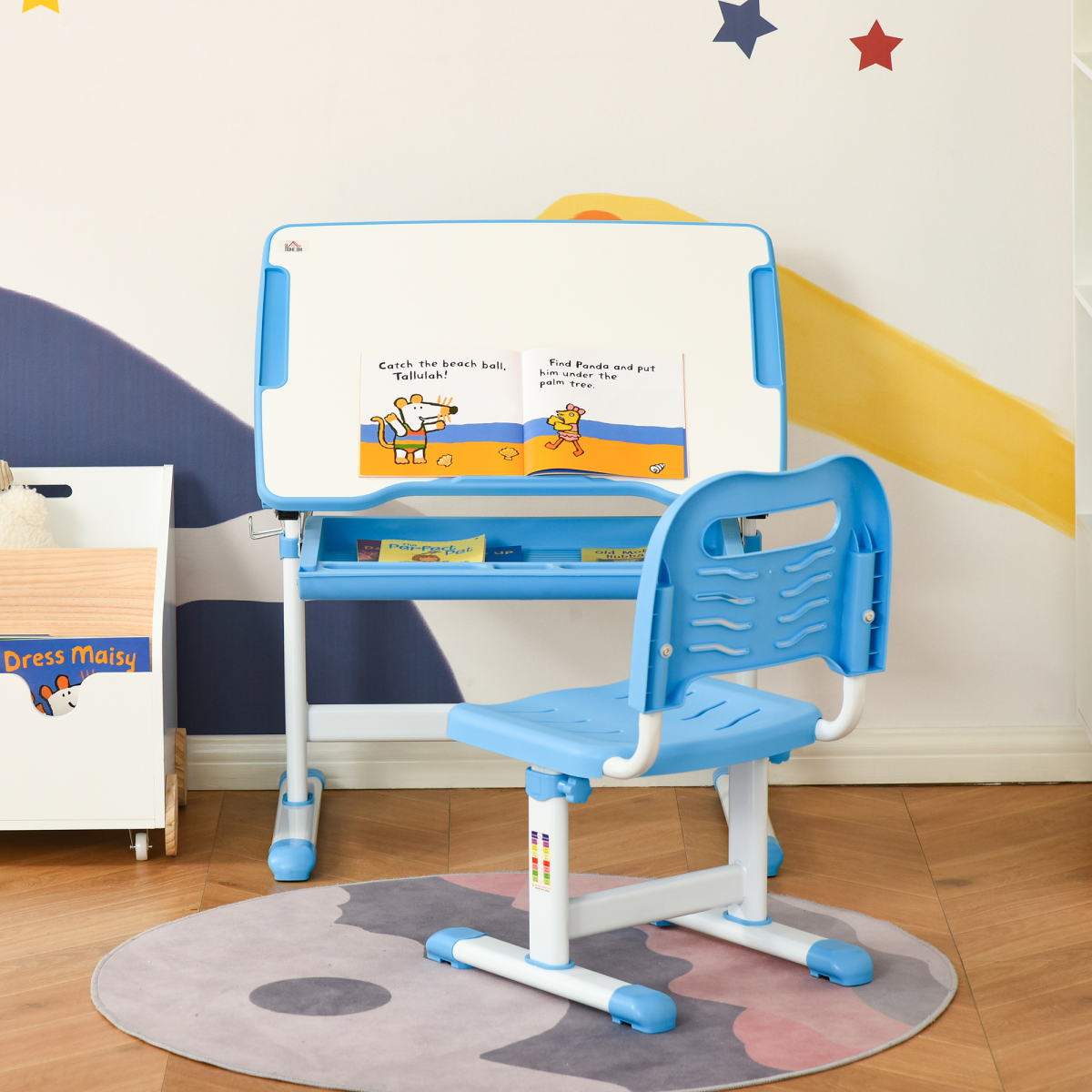Adjustable kids desk and chair set with tiltable surface, drawer, pen slot, and hook, designed for children’s study space.