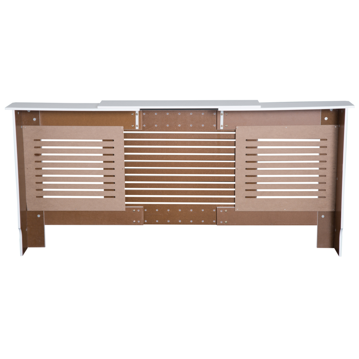 White extendable MDF radiator cover from HOMCOM with slatted design and adjustable length to fit various radiator sizes.