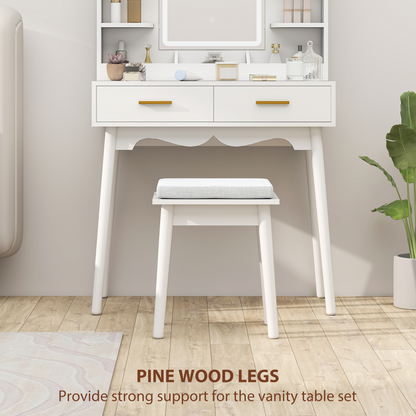 HOMCOM Dressing Table with LED Lighted Mirror and Cushioned Stool White
