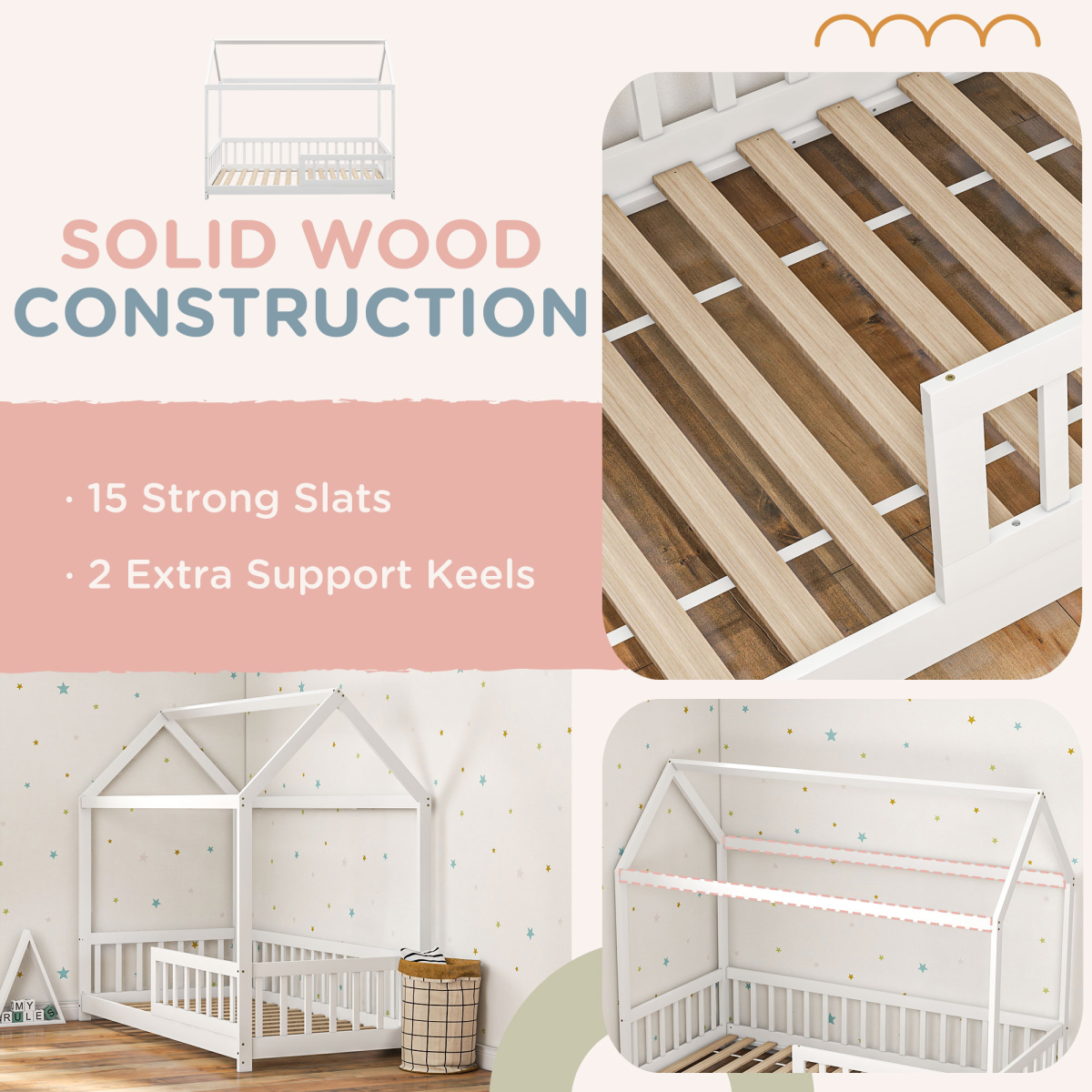 House-Shaped Kids Bed Frame with Safety Fence for Boys Girls, White