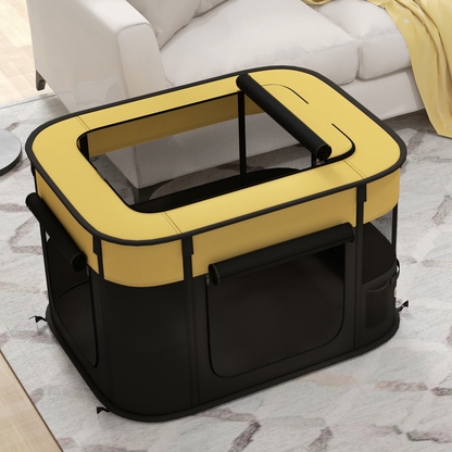 Yellow portable dog pen by PawHut for puppies, rabbits, kittens, and guinea pigs, showing a spacious, foldable outdoor enclosure.