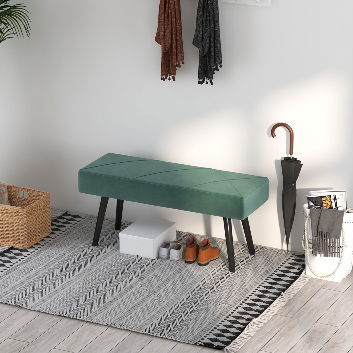 Upholstered green end of bed bench with steel legs for bedroom or hallway by HOMCOM, featuring plush fabric and modern design.
