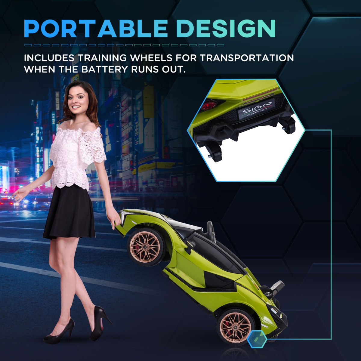 Lamborghini SIAN 12V kids electric ride-on car with remote control, black with detailed exterior design and open-door features.