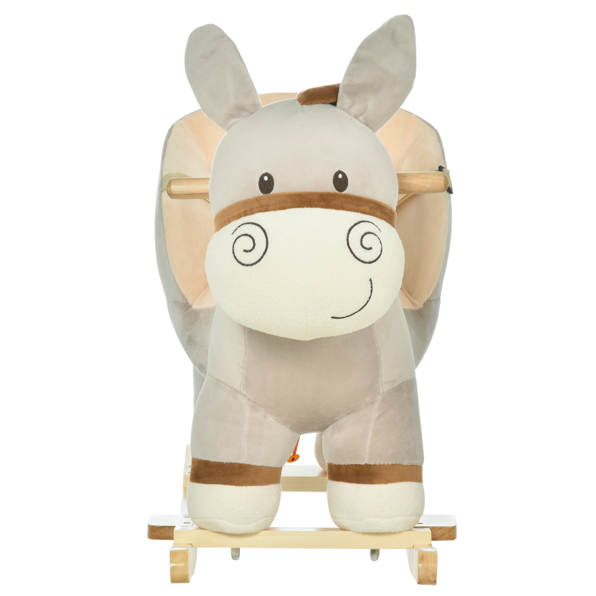 Plush kids ride-on rocking donkey with sound, handlebars, seat belt, designed for children, soft body and playful appearance.