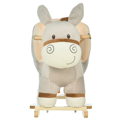 Plush kids ride-on rocking donkey with sound, handlebars, seat belt, designed for children, soft body and playful appearance.