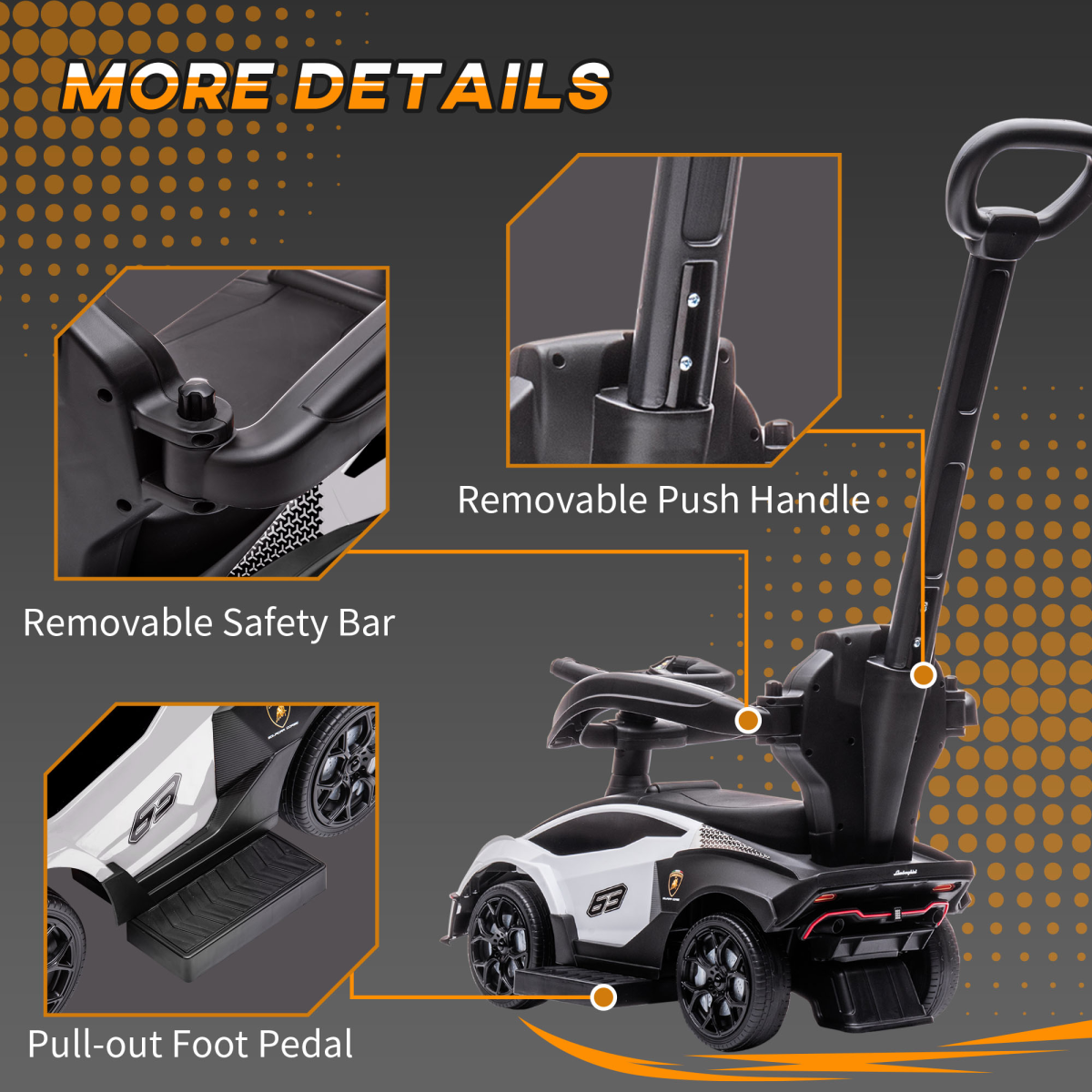 HOMCOM Lamborghini 2-in-1 baby ride-on push car in white with toddler push handle and realistic Lamborghini design.