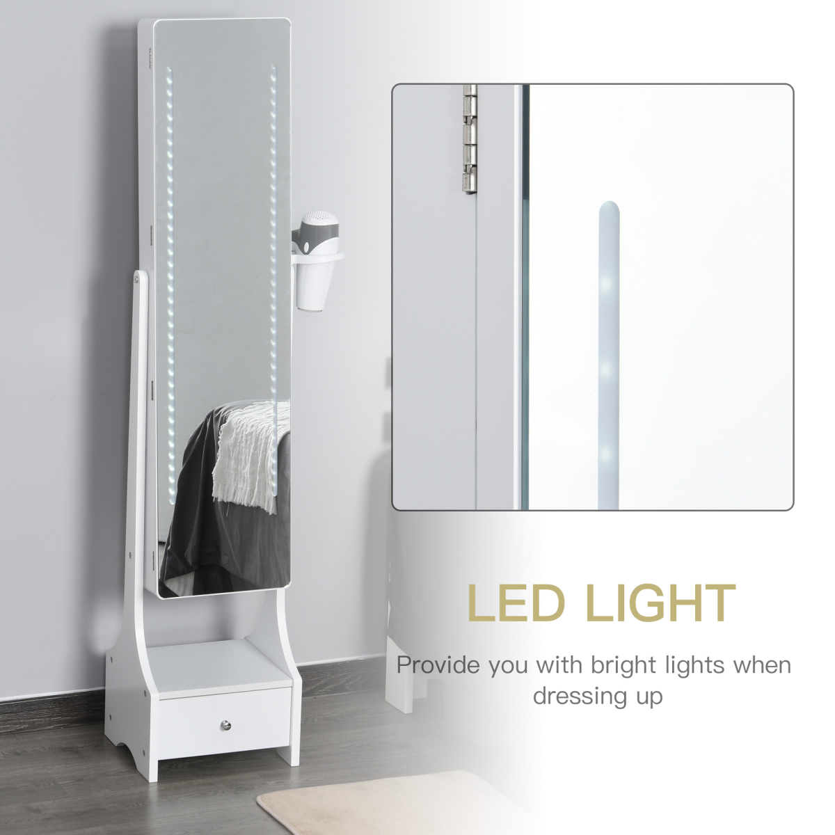 Freestanding jewelry storage mirror armoire with LED lights, hooks, and drawers for organizing accessories.
