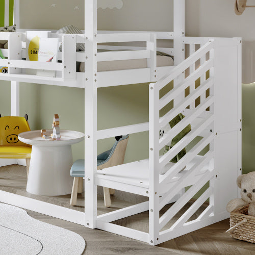 Kids Bunk Bed with Corner Staircase and Canopy – White & Green