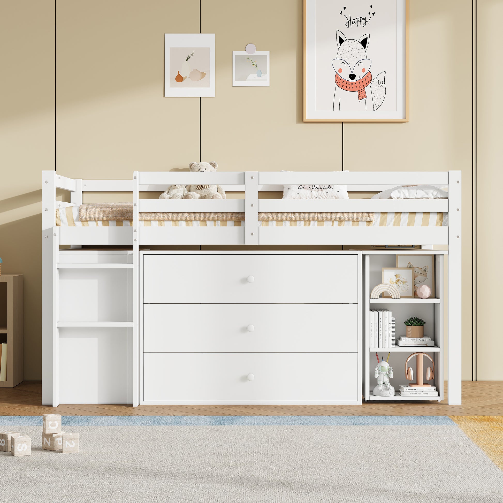 HOMCOM white 3ft single modern wood loft bed with pull-out desk, drawers, storage cabinet, and shelves, space-saving design.