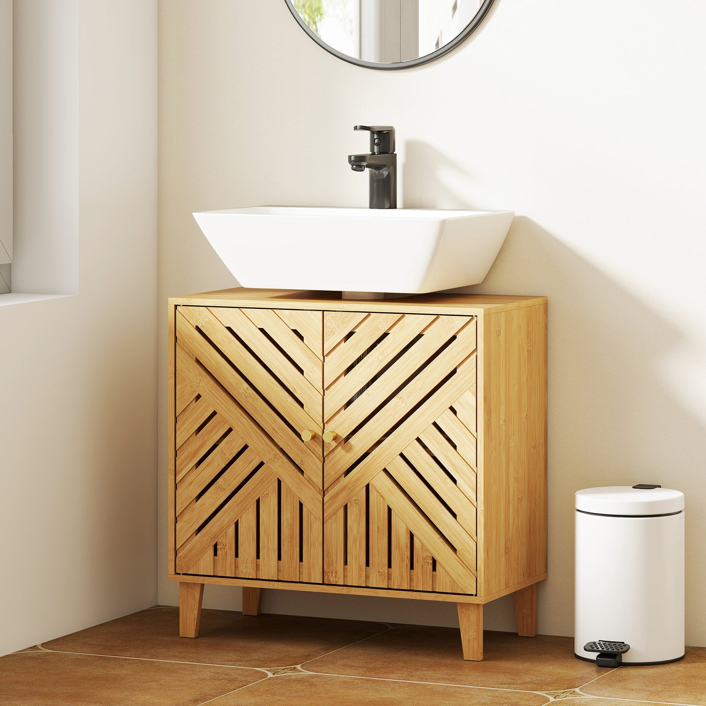 HOMCOM bamboo bathroom under sink cabinet with adjustable shelf, natural finish, designed for basin without pedestal, compact storage solution