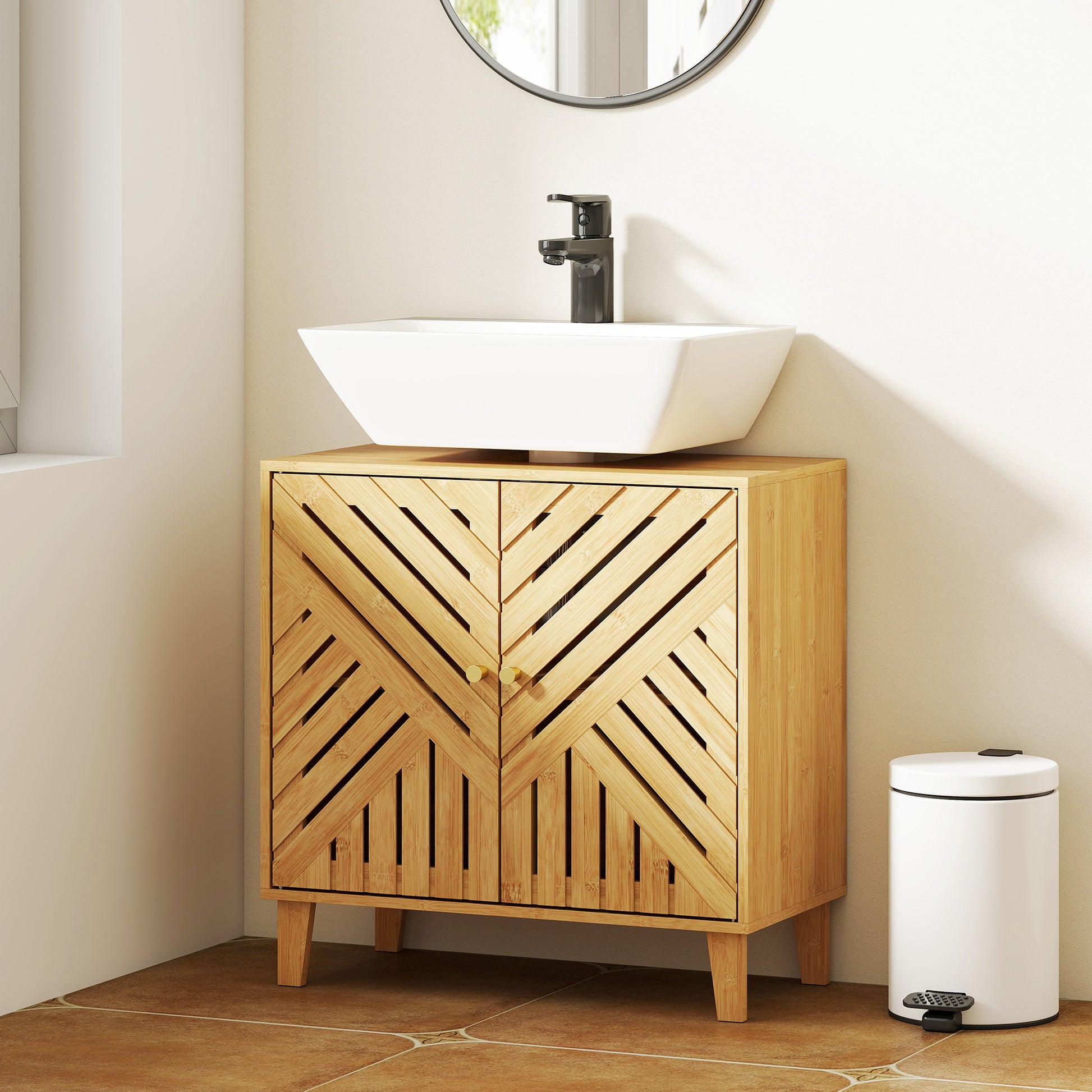 HOMCOM bamboo bathroom under sink cabinet with adjustable shelf, natural finish, designed for basin without pedestal, compact storage solution