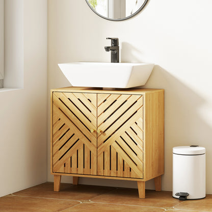 HOMCOM bamboo bathroom under sink cabinet with adjustable shelf, natural finish, designed for basin without pedestal, compact storage solution