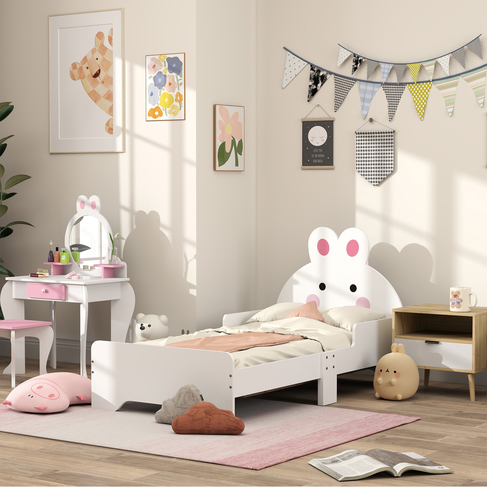 White HOMCOM ZONEKIZ rabbit-shaped toddler bed with playful design, perfect for kids' bedrooms and safe sleep.