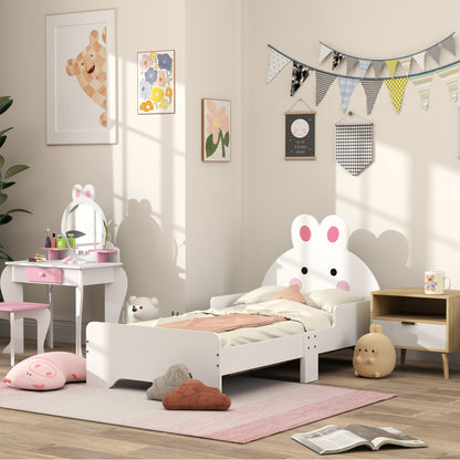 HOMCOM ZONEKIZ rabbit-shaped toddler bed in white with playful bunny design, suitable for kids' bedroom furniture.