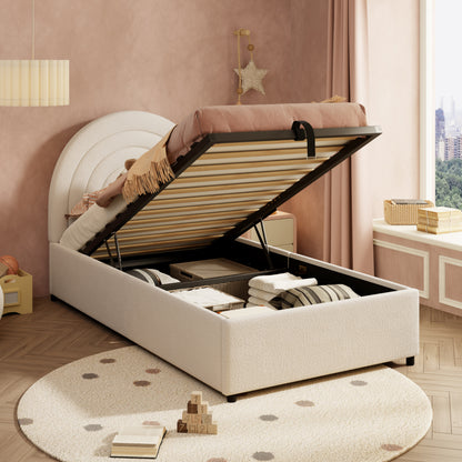 Beige HOMCOM upholstered children's bed with wooden slats, headboard, and boucle fabric, suitable for teens and adults.