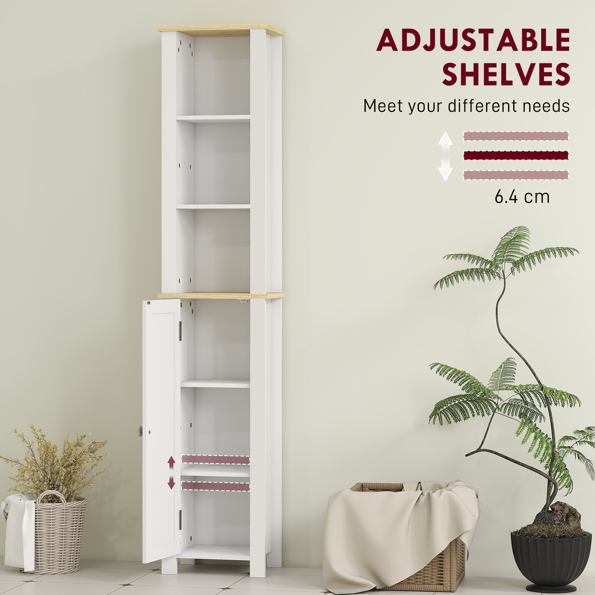HOMCOM Kleankin slim white bathroom storage cabinet with open compartment and adjustable shelf, measuring 34x23x165 cm.