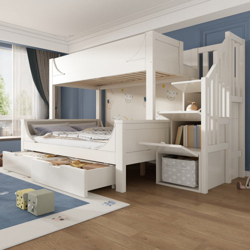 Kids Bunk Bed with Staircase Drawers & Storage – Solid Wood White Frame