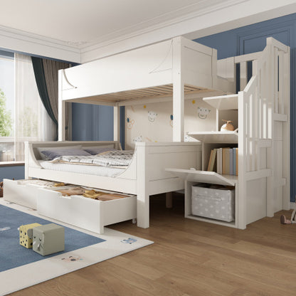 Kids Bunk Bed with Staircase Drawers & Storage – Solid Wood White Frame
