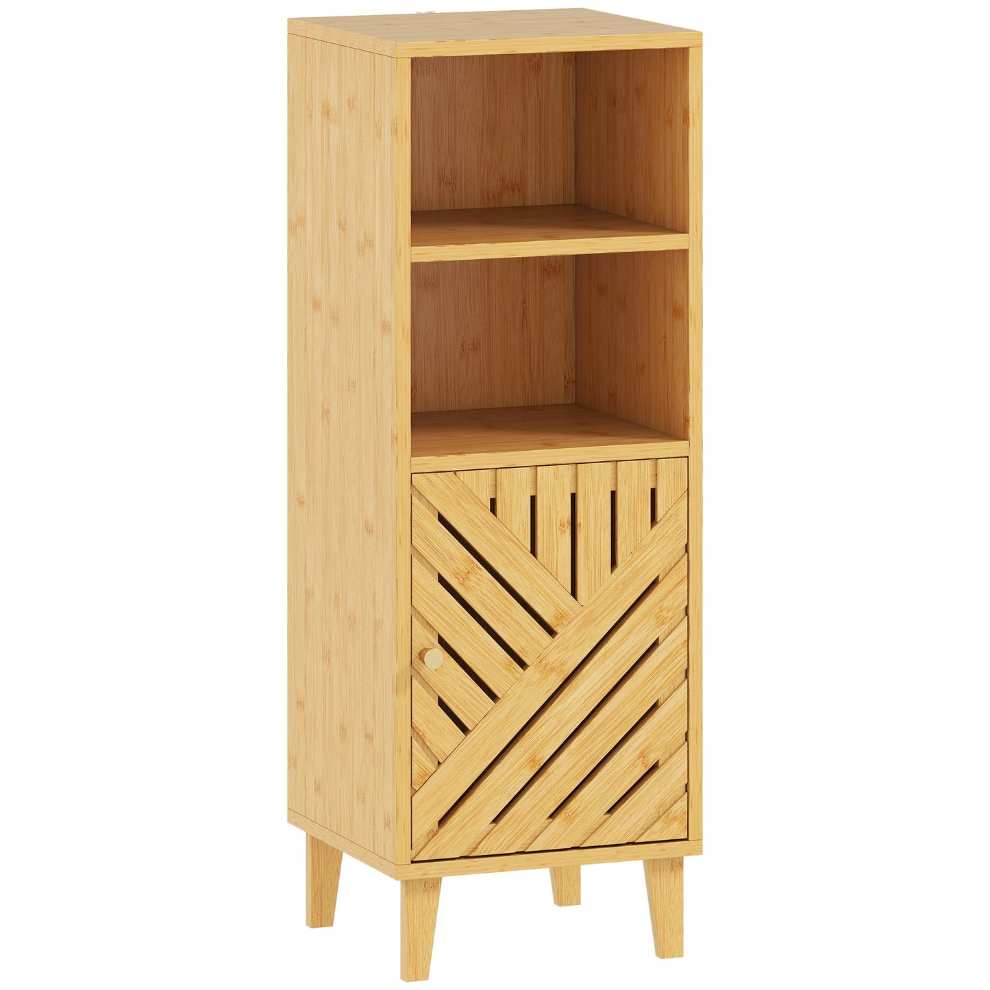 Slim HOMCOM bathroom cabinet with bamboo door, open compartments, natural wood finish, standing narrow storage cupboard, 32x30x90 cm
