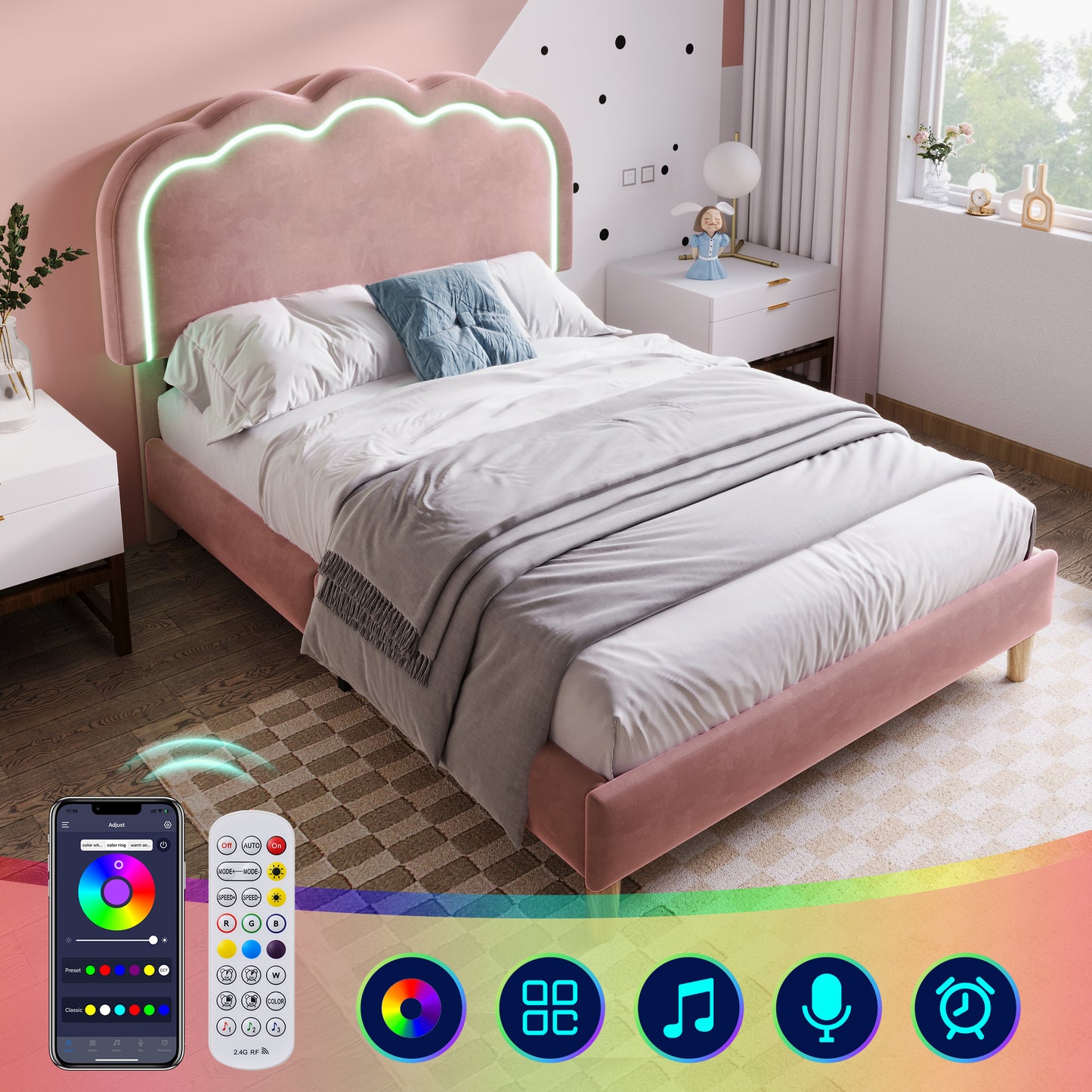 Pink upholstered HOMCOM single bed with LED, velvet fabric, adjustable headboard, wooden slats, perfect for teen or guest bedroom.