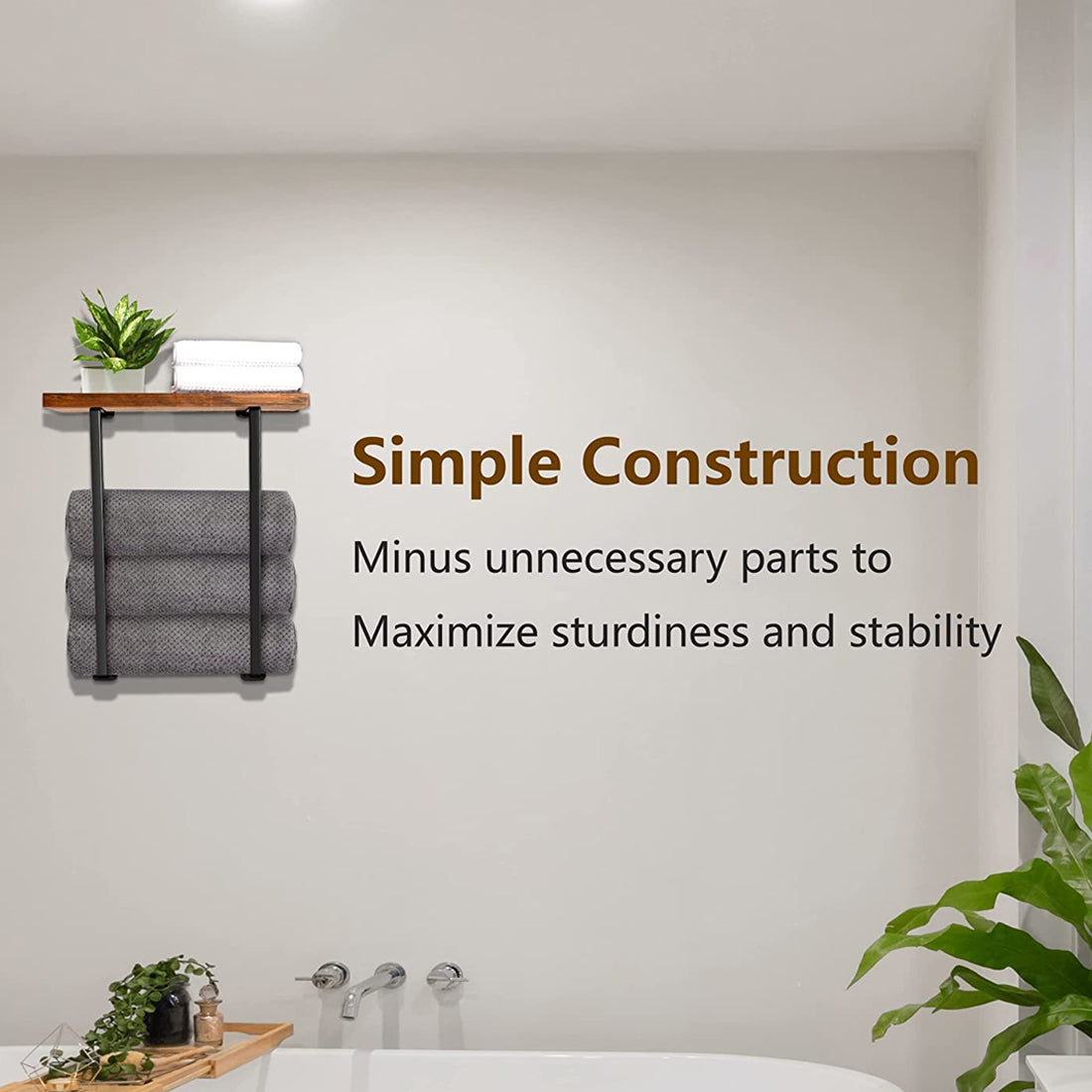 HOMCOM bathroom towel rack with iron frame and wooden wall art, wall-mounted towel holder for bathroom storage.