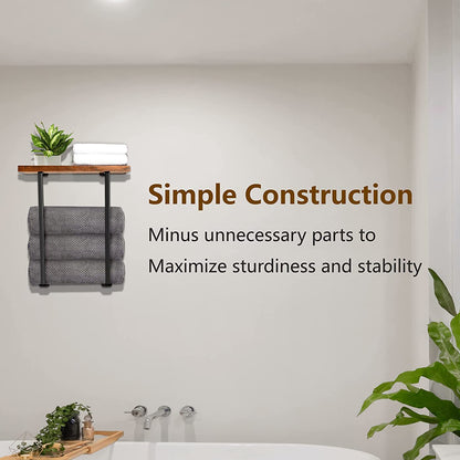 HOMCOM bathroom towel rack with iron frame and wooden wall art, wall-mounted towel holder for bathroom storage.