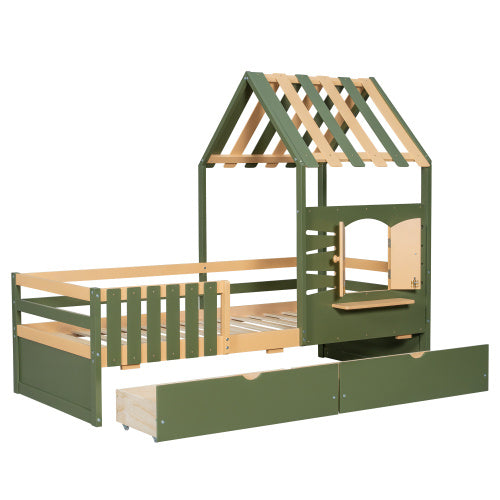 Kids Wooden Bed with Roof & Window Design – Green & Natural with Storage Drawers