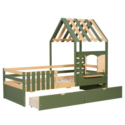 Kids Wooden Bed with Roof & Window Design – Green & Natural with Storage Drawers