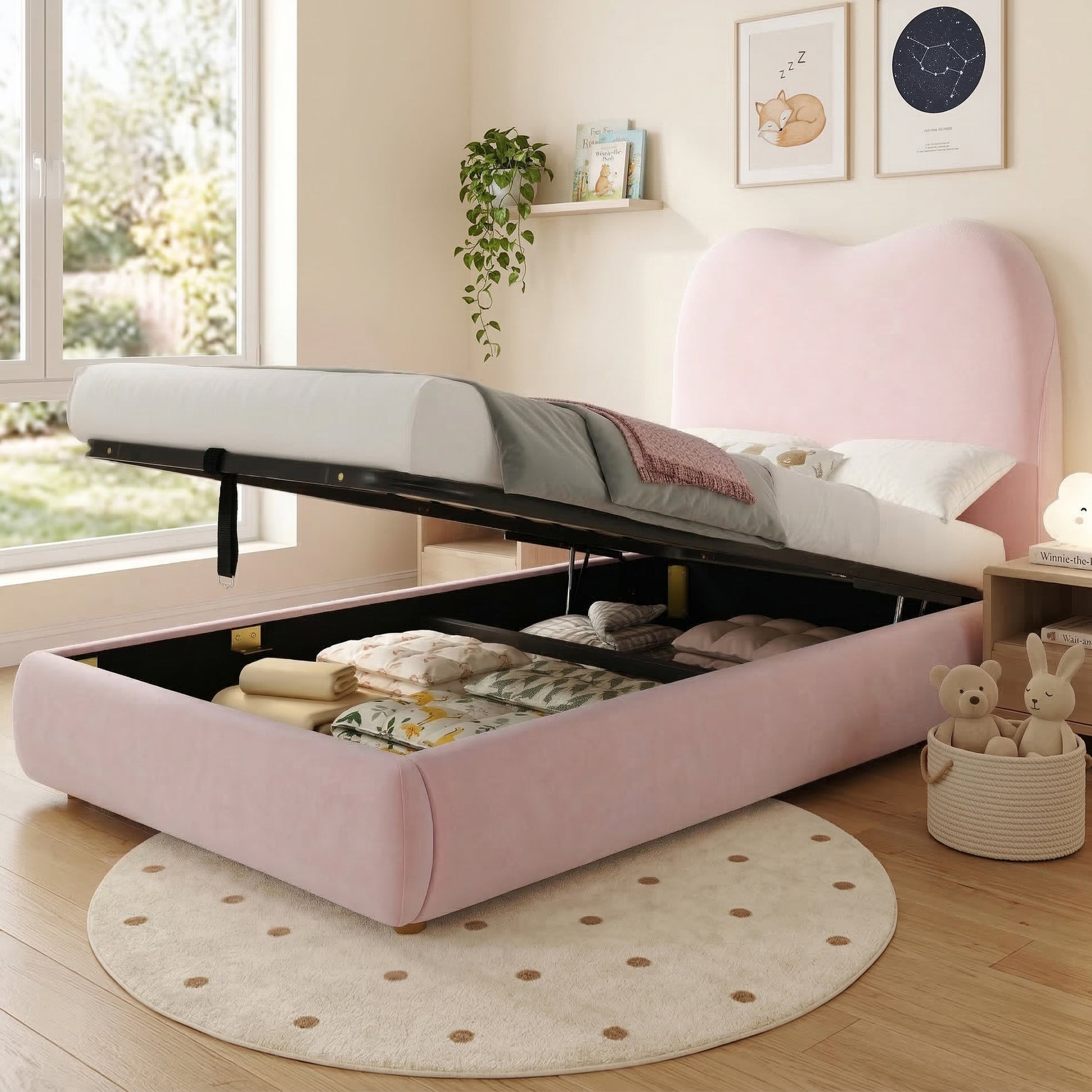 Pink upholstered single children's bed with velvet headboard, hydraulic storage, and sturdy frame, 90x190cm, by HOMCOM.