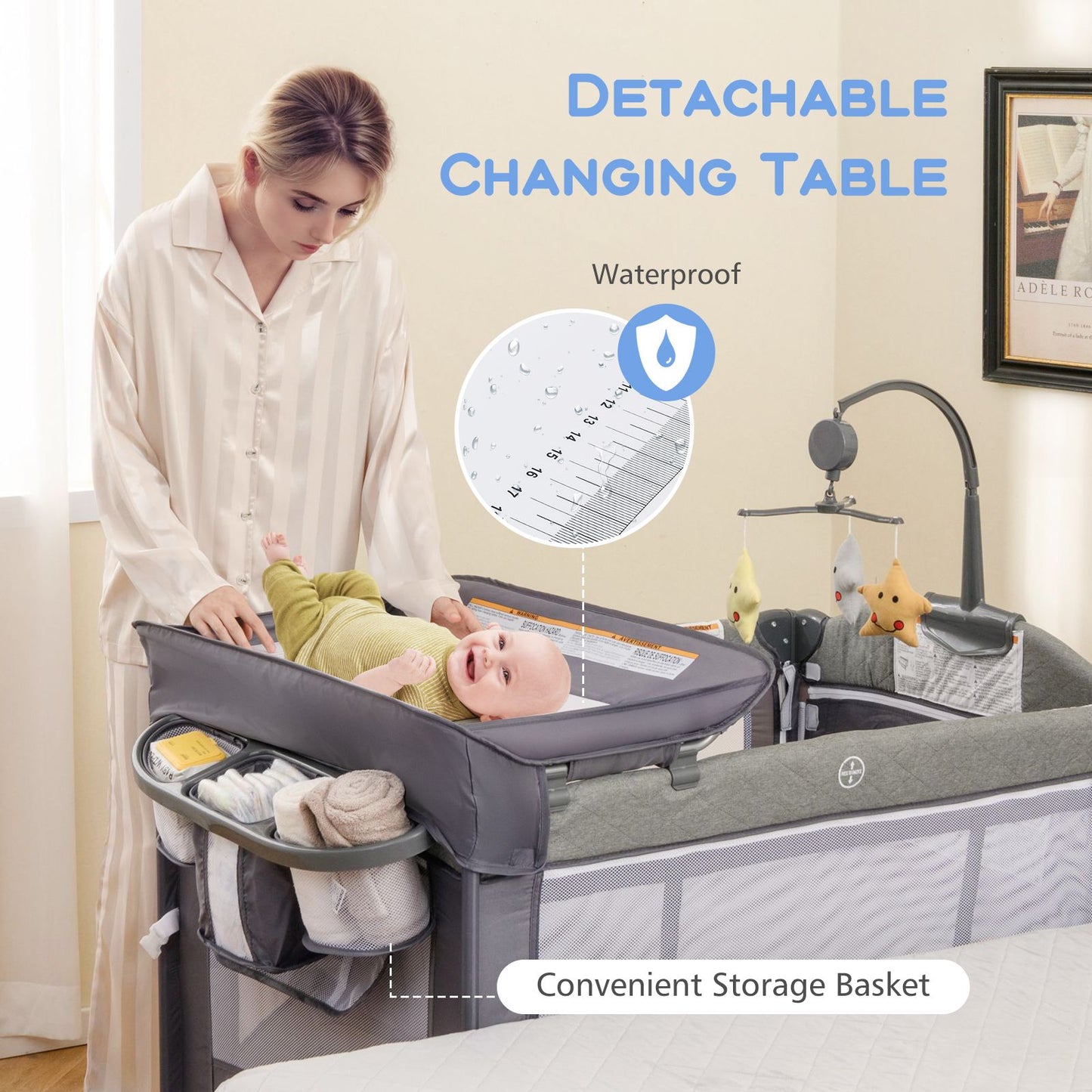 Livoshop 6-in-1 baby travel bed with changing table, portable baby cot for naps, diaper changes, and travel convenience