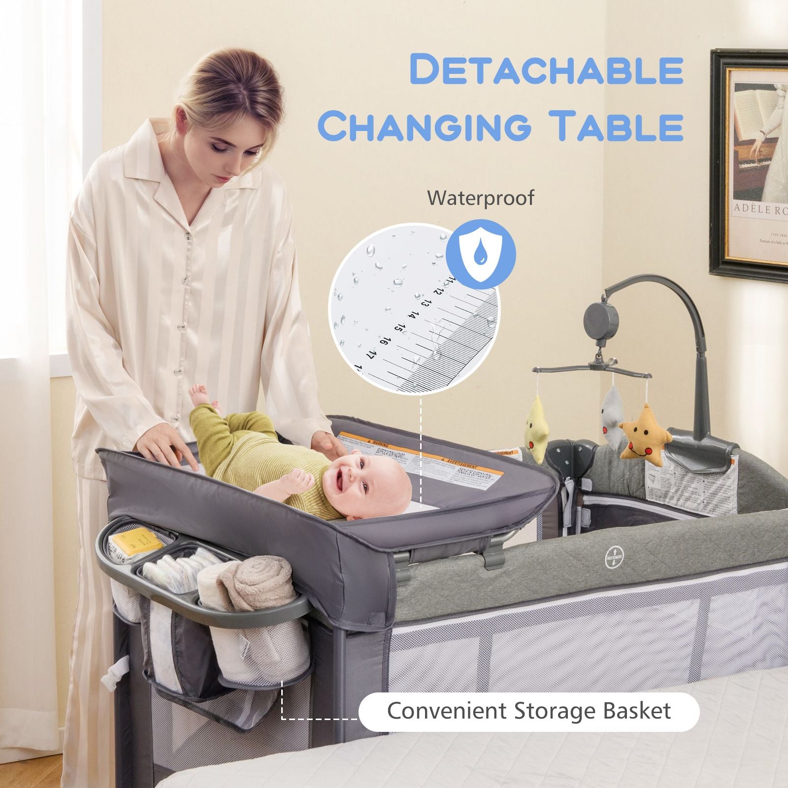 Livoshop 6-in-1 baby travel bed with changing table, portable baby cot for naps, diaper changes, and travel convenience