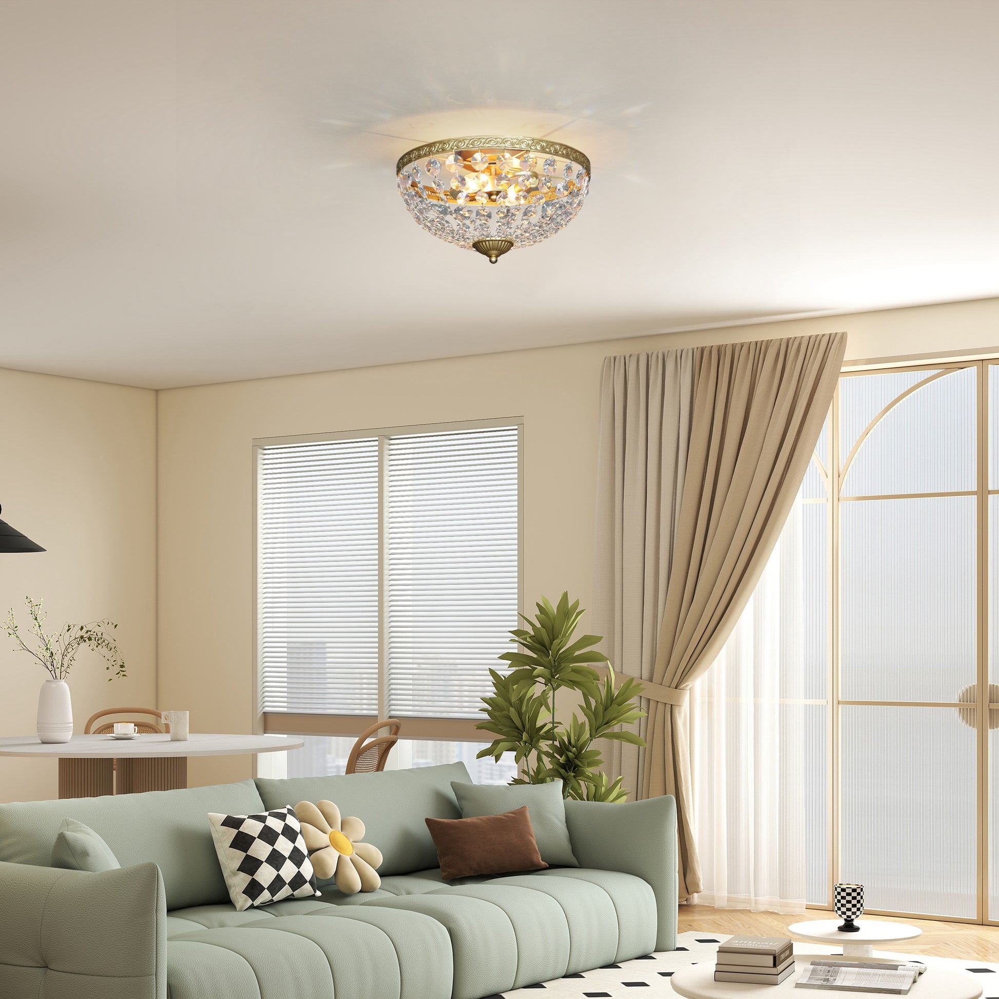 HOMCOM crystal chandelier ceiling light with 168 octagonal beads, vintage gold-tone 2-light flush mount for living room or bedroom.