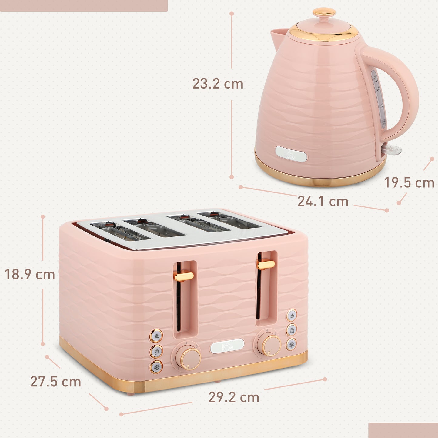 HOMCOM 3000W pink kettle and 4-slice toaster set with 7 browning controls and crumb tray, sleek kitchen appliances.