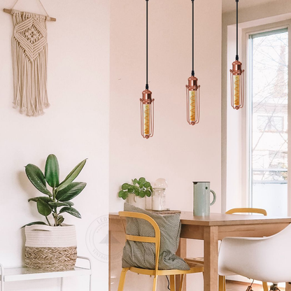 LEDSONE 3-head rectangle rose gold industrial pendant light with wire cage, vintage hanging ceiling lamp fixture.