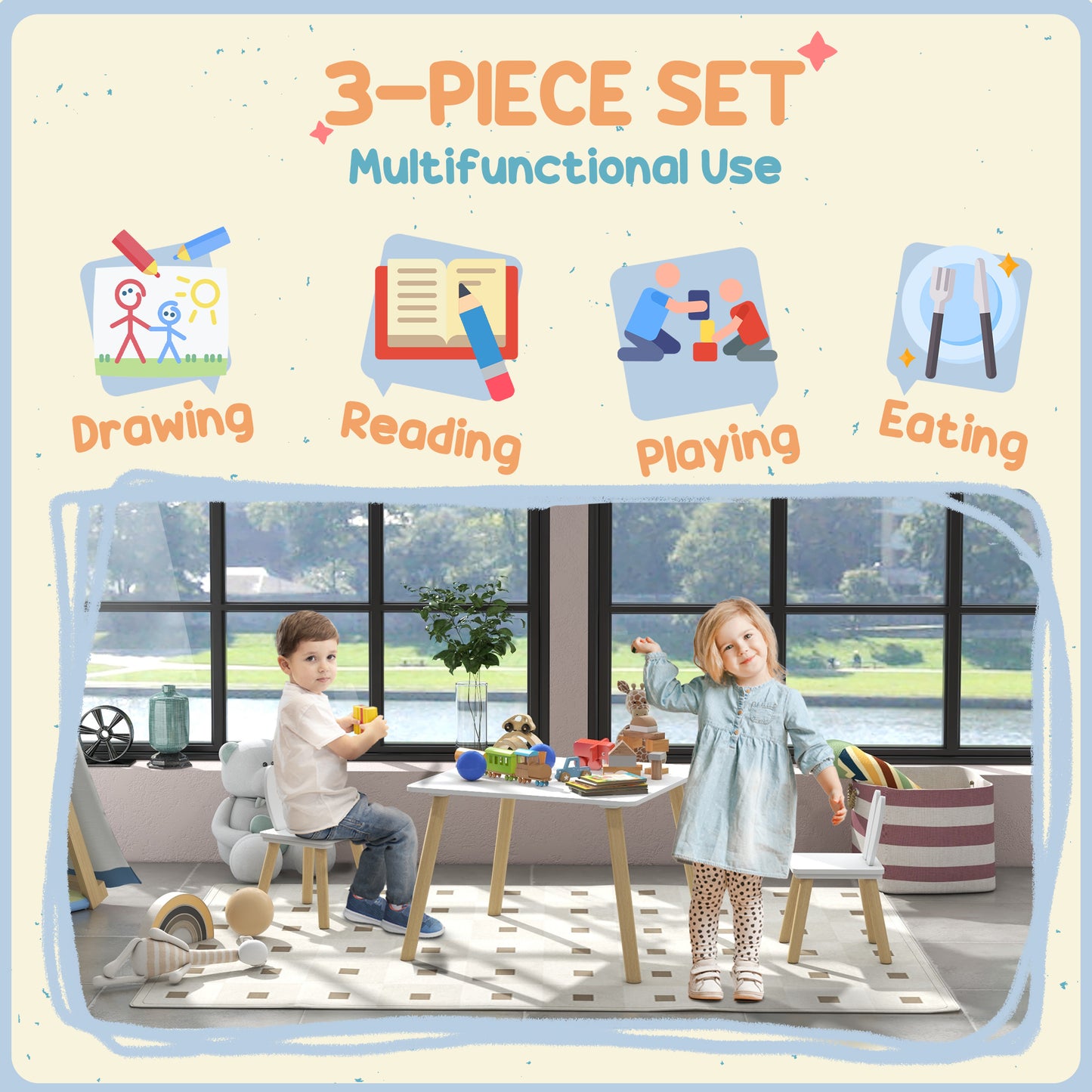 HOMCOM 3-piece toddler table and chair set with bunny ear backrests, ideal for nursery and playroom use.