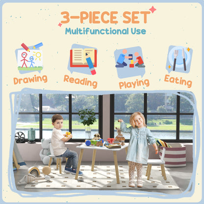 HOMCOM 3-piece toddler table and chair set with bunny ear backrests, ideal for nursery and playroom use.