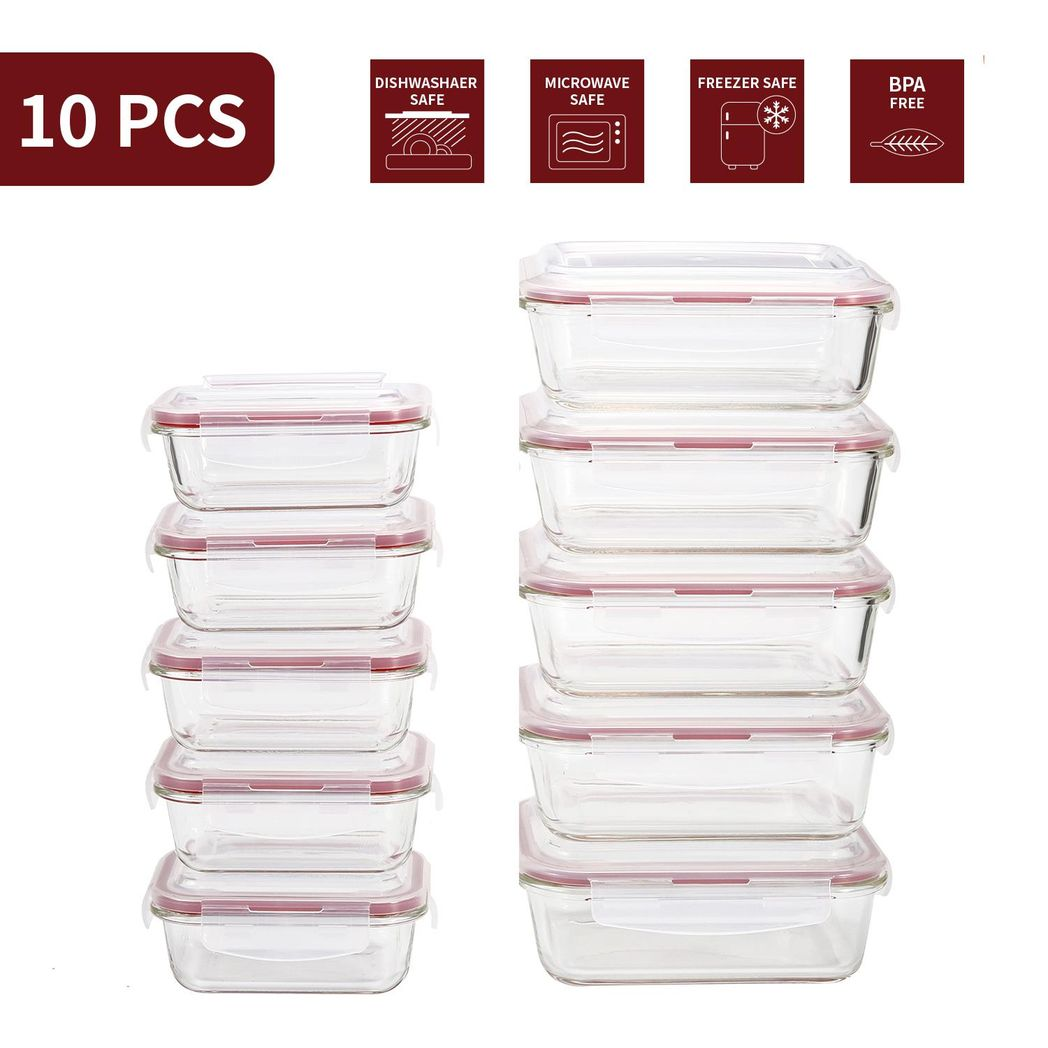 Vinsani glass food storage containers 10-pack with airtight lids, rectangular, heat-resistant, leakproof, dishwasher, microwave, and freezer safe