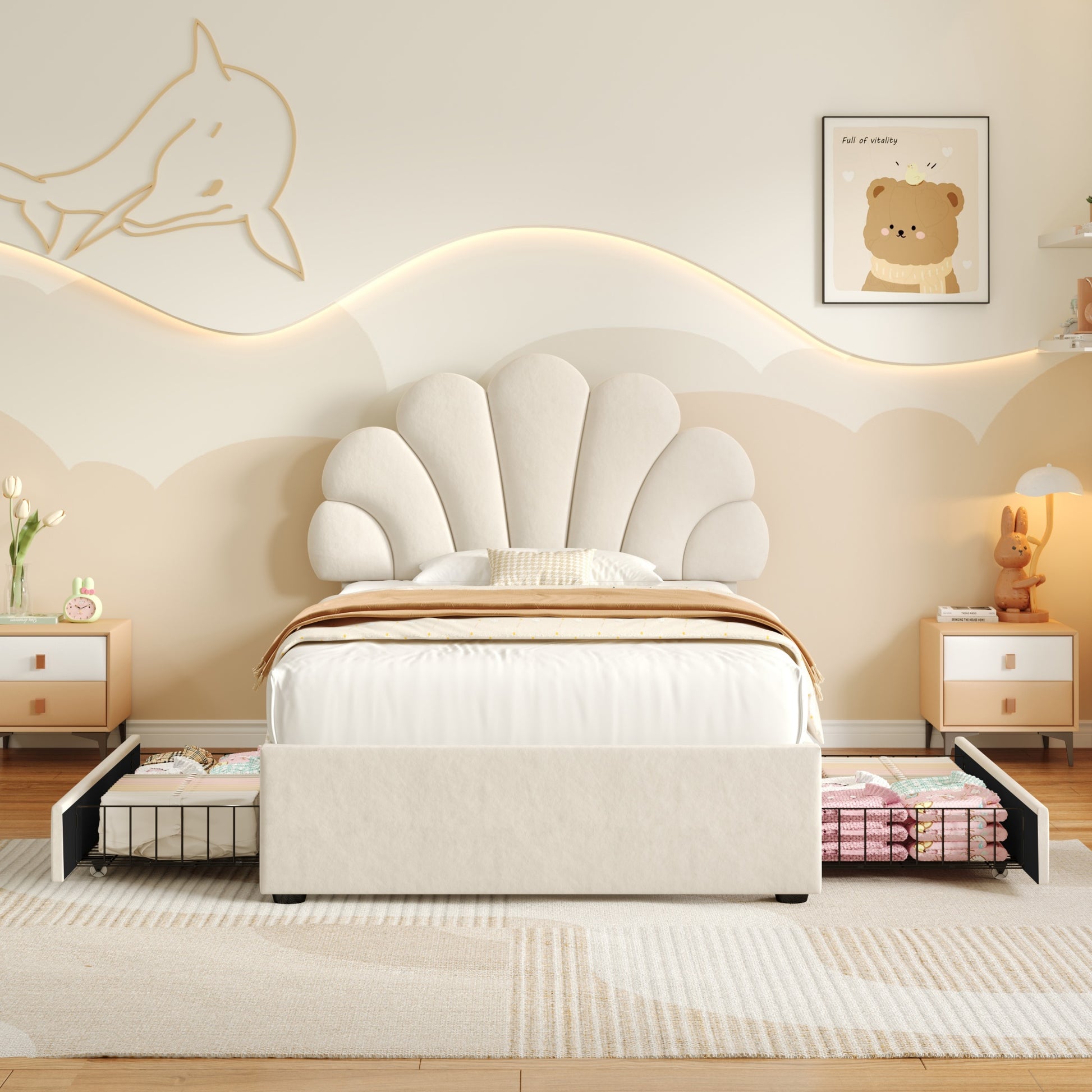 HOMCOM 3ft beige upholstered bed with adjustable petal velvet headboard, solid wood slats, two storage drawers, no mattress included