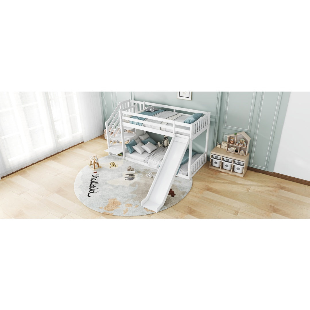 White solid pine bunk bed with stairs and slide for children, includes storage stairs, measures 90x190cm, by HOMCOM.