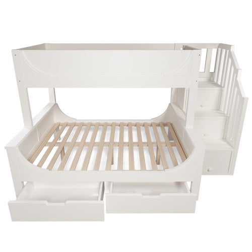 Kids Bunk Bed with Staircase Drawers & Storage – Solid Wood White Frame