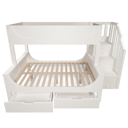Kids Bunk Bed with Staircase Drawers & Storage – Solid Wood White Frame