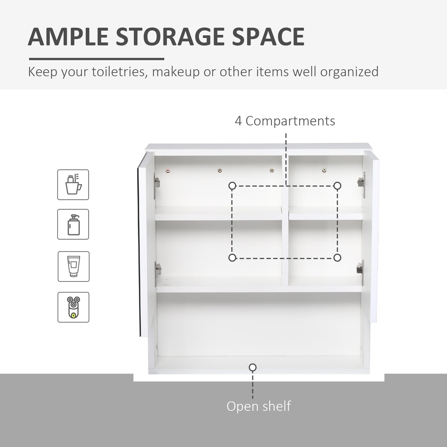 HOMCOM Kleankin bathroom mirror cabinet with double doors, adjustable shelf, wall-mounted white storage unit