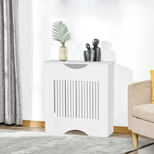 White painted MDF radiator cover heater cabinet with slatted design, modern home furniture for living room and bedroom.